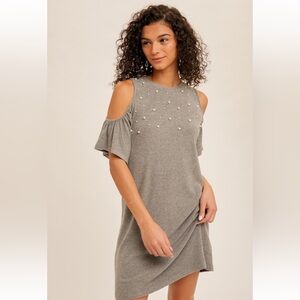 Cold Shoulder Pearl Trimmed Brushed Rib Dress